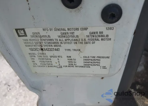 2004 Chevrolet Silverado 1500 Work Truck from USA, damaged, VIN 1GCEC14X84Z227447